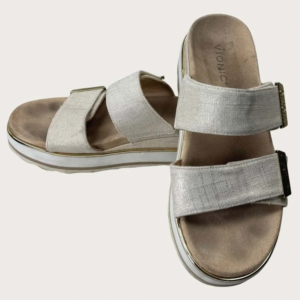 Vionic Brandie Sandals Women 9 Cream Gold Platform Slide Orthotic Comfort Casual